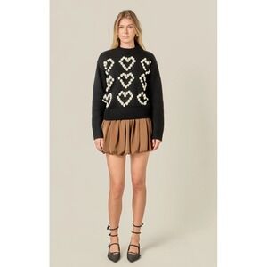 ENGLISH FACTORY Black Sweater Heart Applique Mock Neck Long Sleeve Women's Med‎